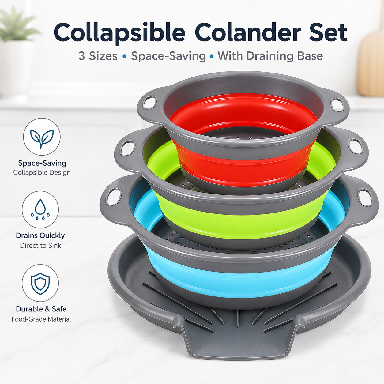 🍝3-Piece Collapsible Colander Set – Space-Saving Strainers with Draining Base