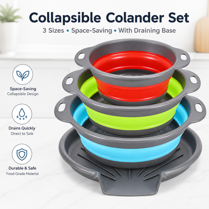 🍝3-Piece Collapsible Colander Set – Space-Saving Strainers with Draining Base