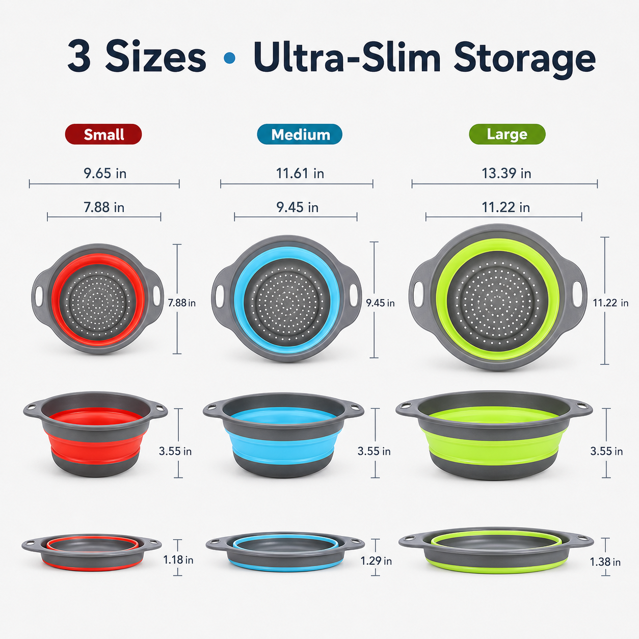🍝3-Piece Collapsible Colander Set – Space-Saving Strainers with Draining Base