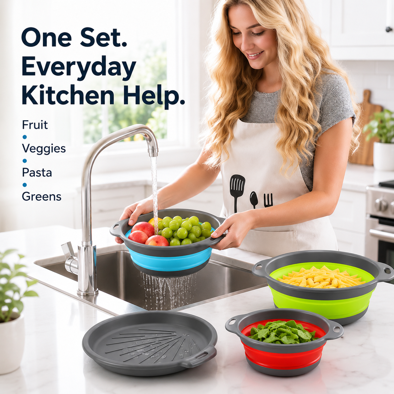 🍝3-Piece Collapsible Colander Set – Space-Saving Strainers with Draining Base