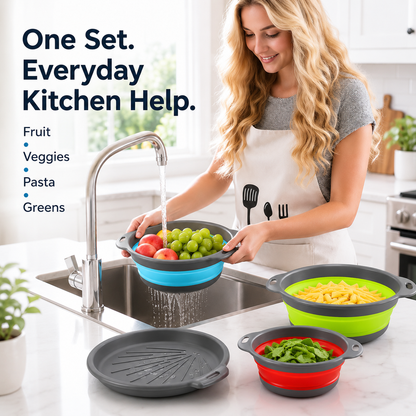 🍝3-Piece Collapsible Colander Set – Space-Saving Strainers with Draining Base