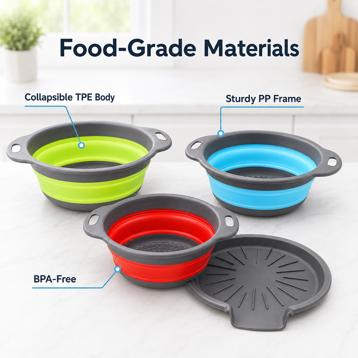 🍝3-Piece Collapsible Colander Set – Space-Saving Strainers with Draining Base
