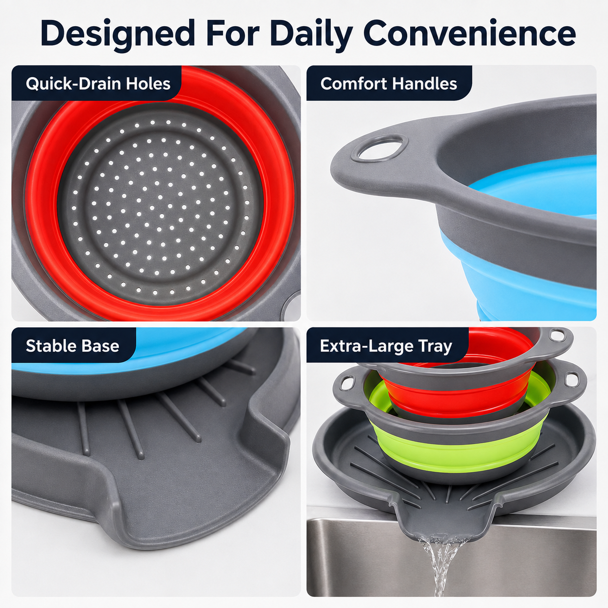 🍝3-Piece Collapsible Colander Set – Space-Saving Strainers with Draining Base