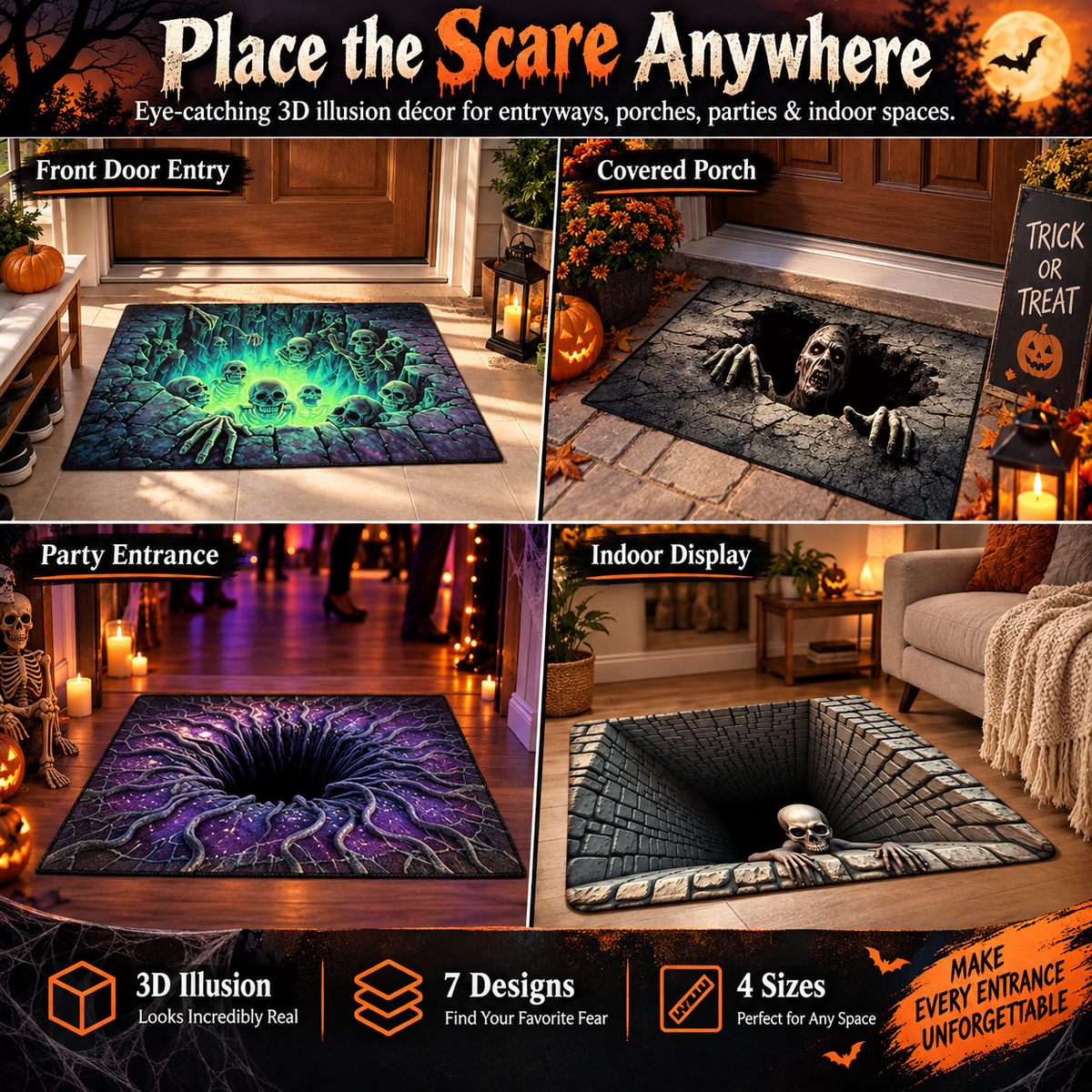 💀3D Halloween Optical Illusion Door Mat – Spooky Non-Slip Entryway Rug