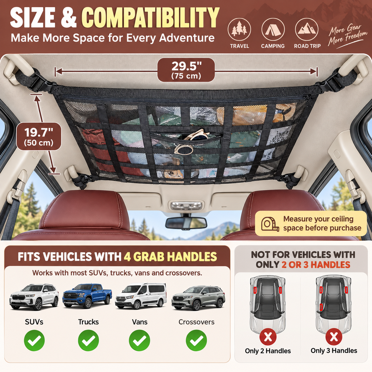 🎉Car Ceiling Cargo Net Pocket Storage Net,29.5'x19.7'