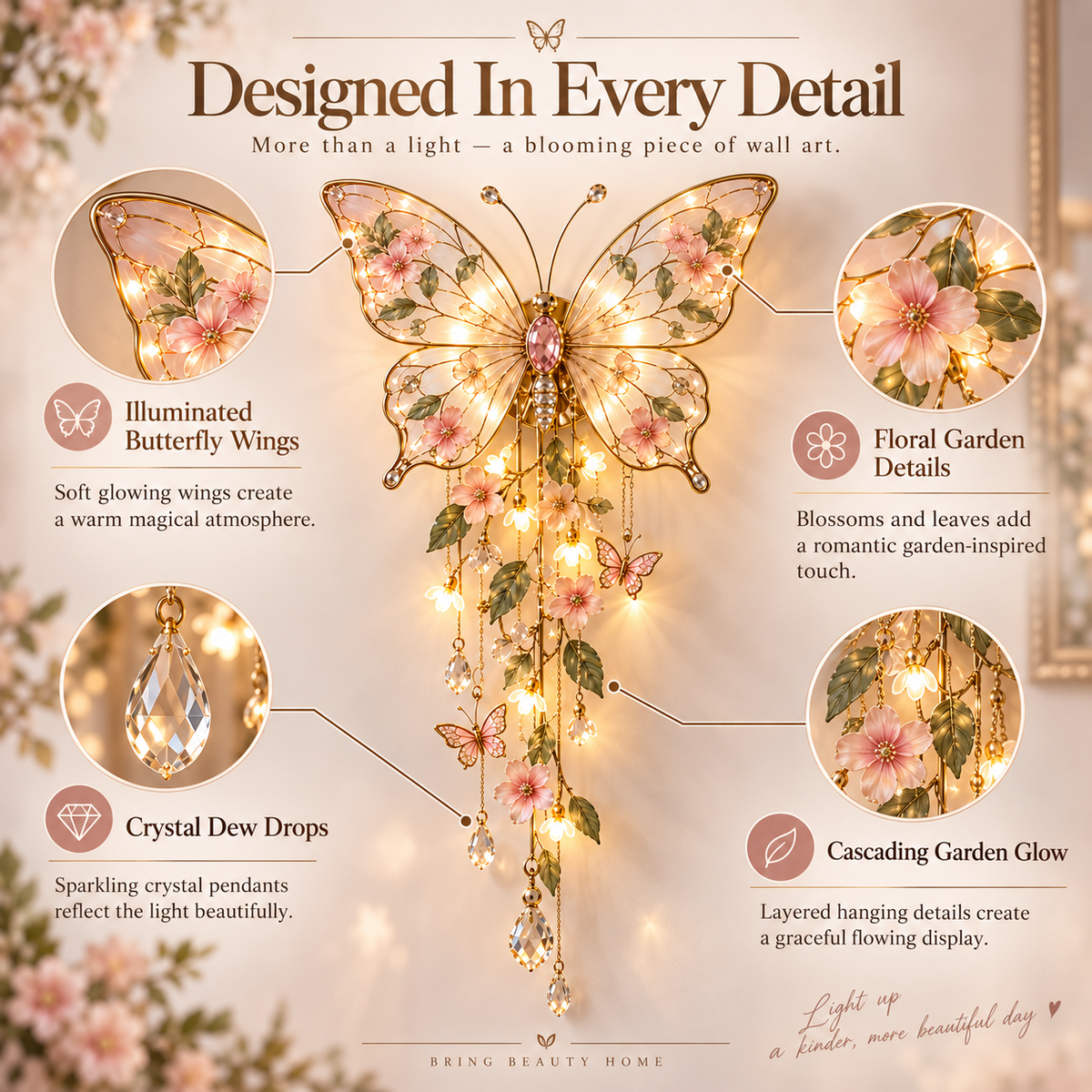 🦋 Butterfly Garden Wall Light – Warm Floral Ambient Décor
