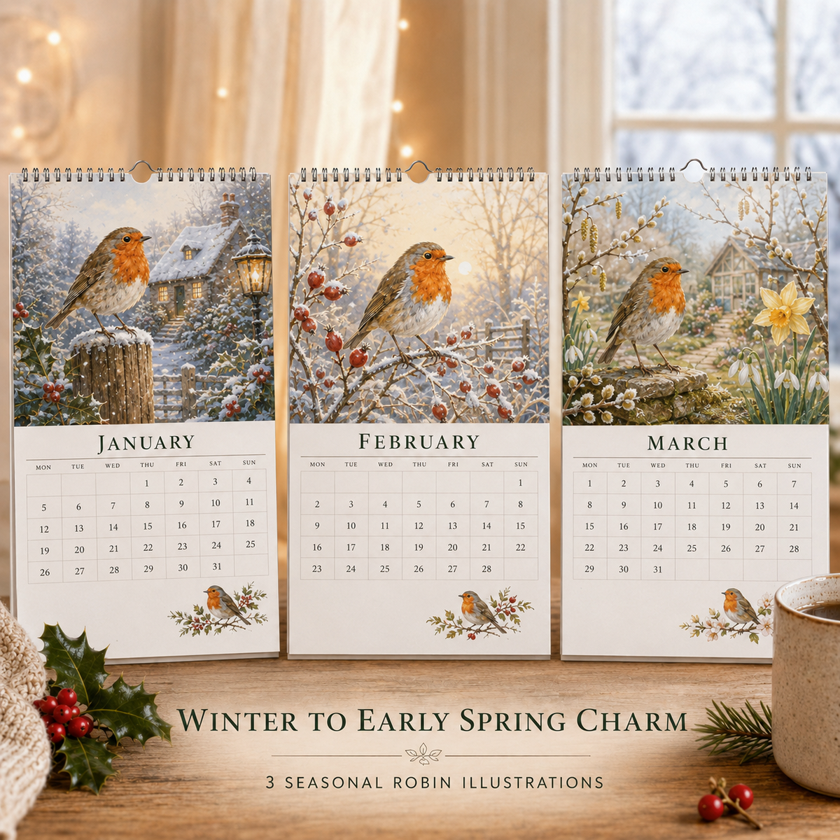 🎁50% OFF📆2027 Robin Seasons Calendar – British Countryside Garden Bird Wall Calendar & Gift for Bird Lovers