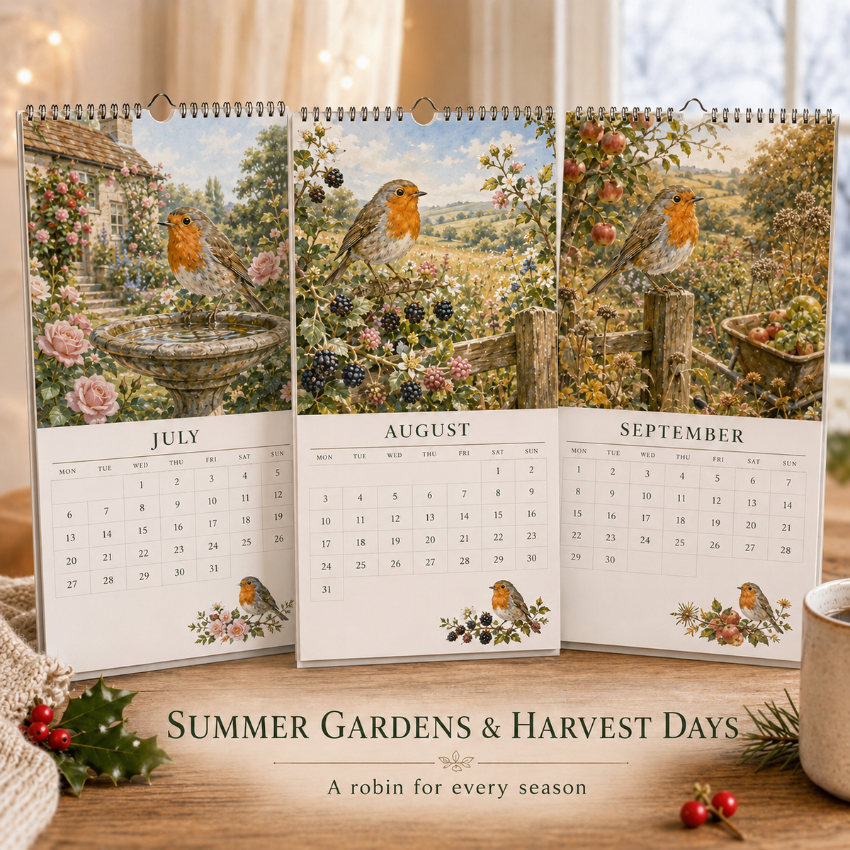 🎁50% OFF📆2027 Robin Seasons Calendar – British Countryside Garden Bird Wall Calendar & Gift for Bird Lovers