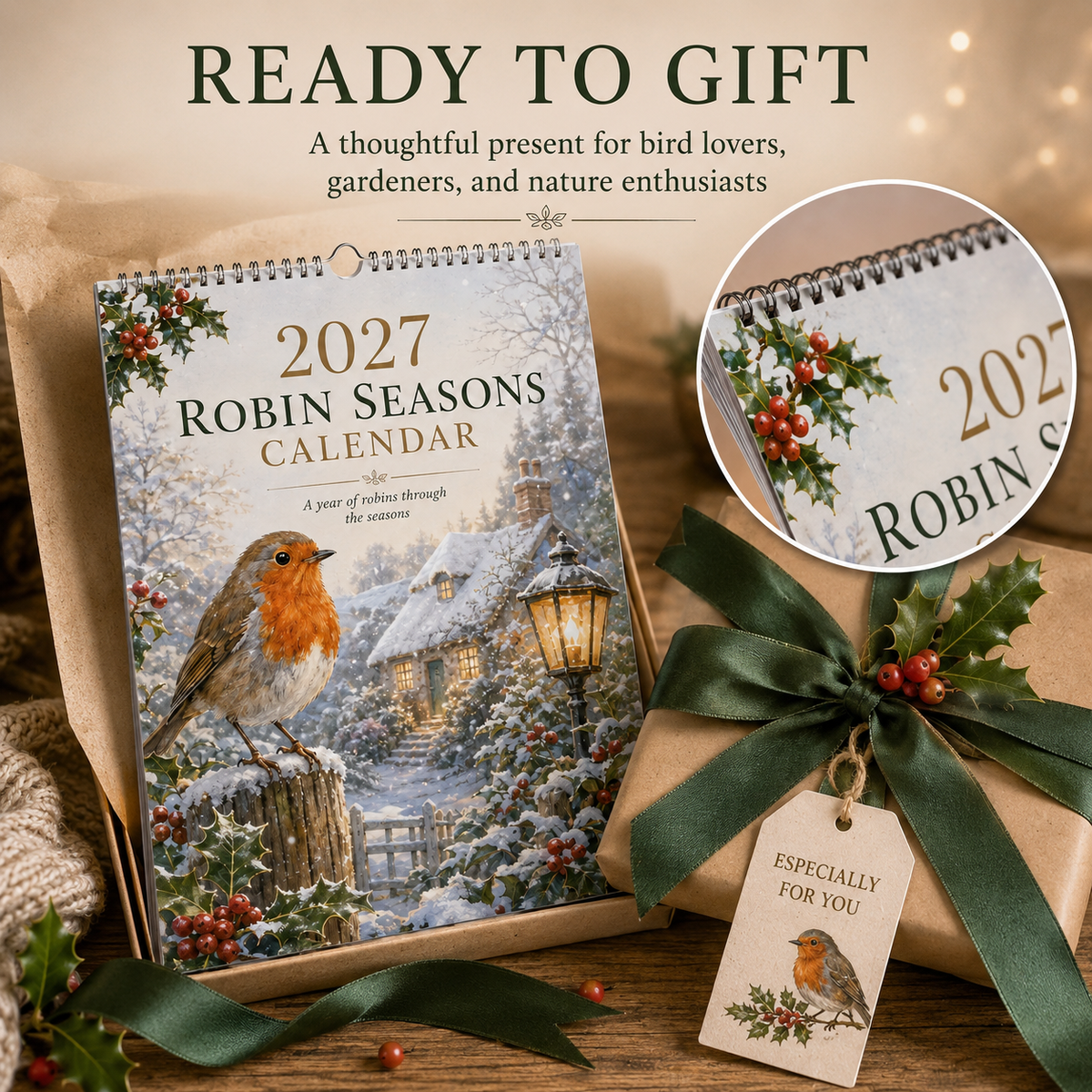 🎁50% OFF📆2027 Robin Seasons Calendar – British Countryside Garden Bird Wall Calendar & Gift for Bird Lovers