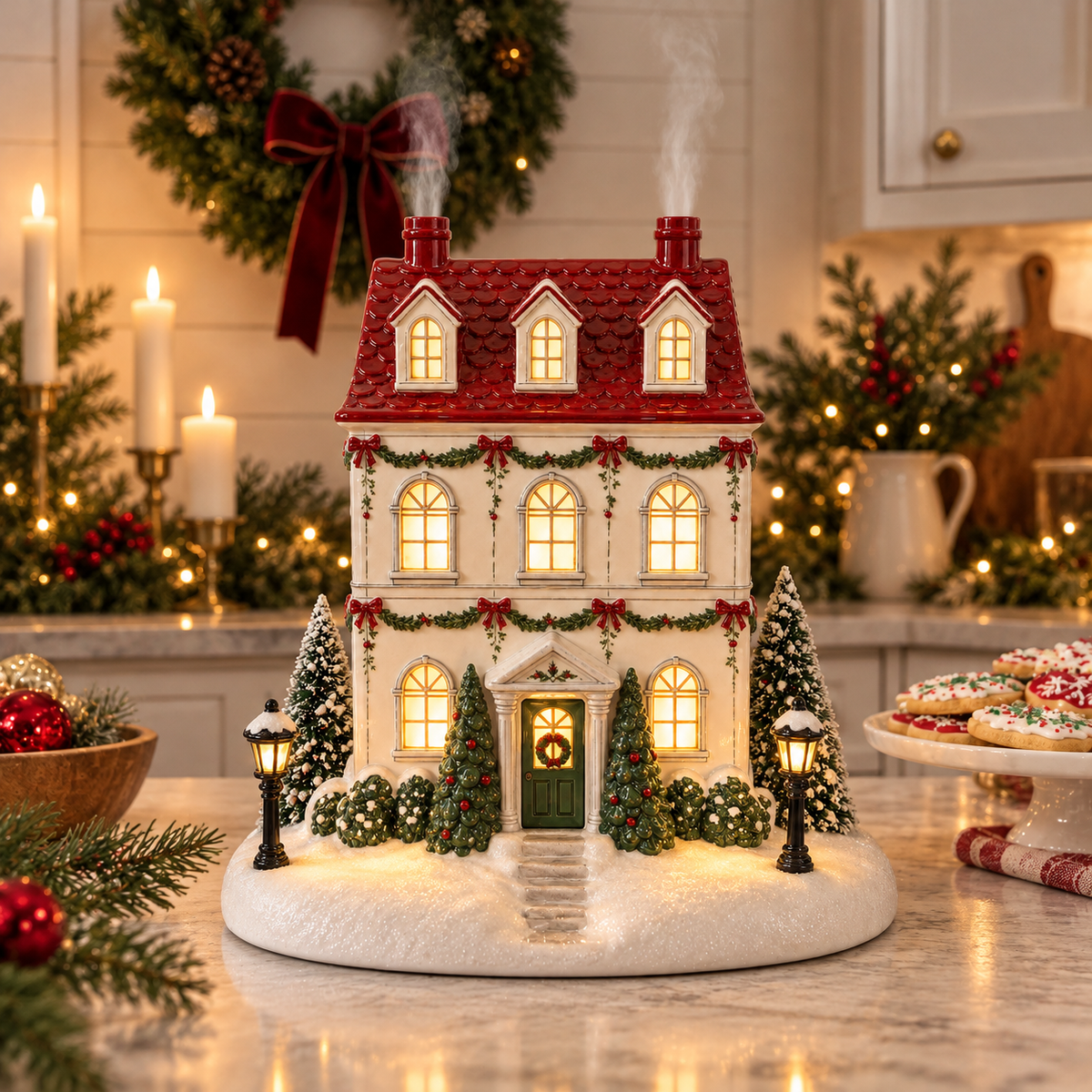 🎄 Christmas Village Aroma Diffuser – Glowing Holiday House with Chimney Mist & Essential Oil Scent