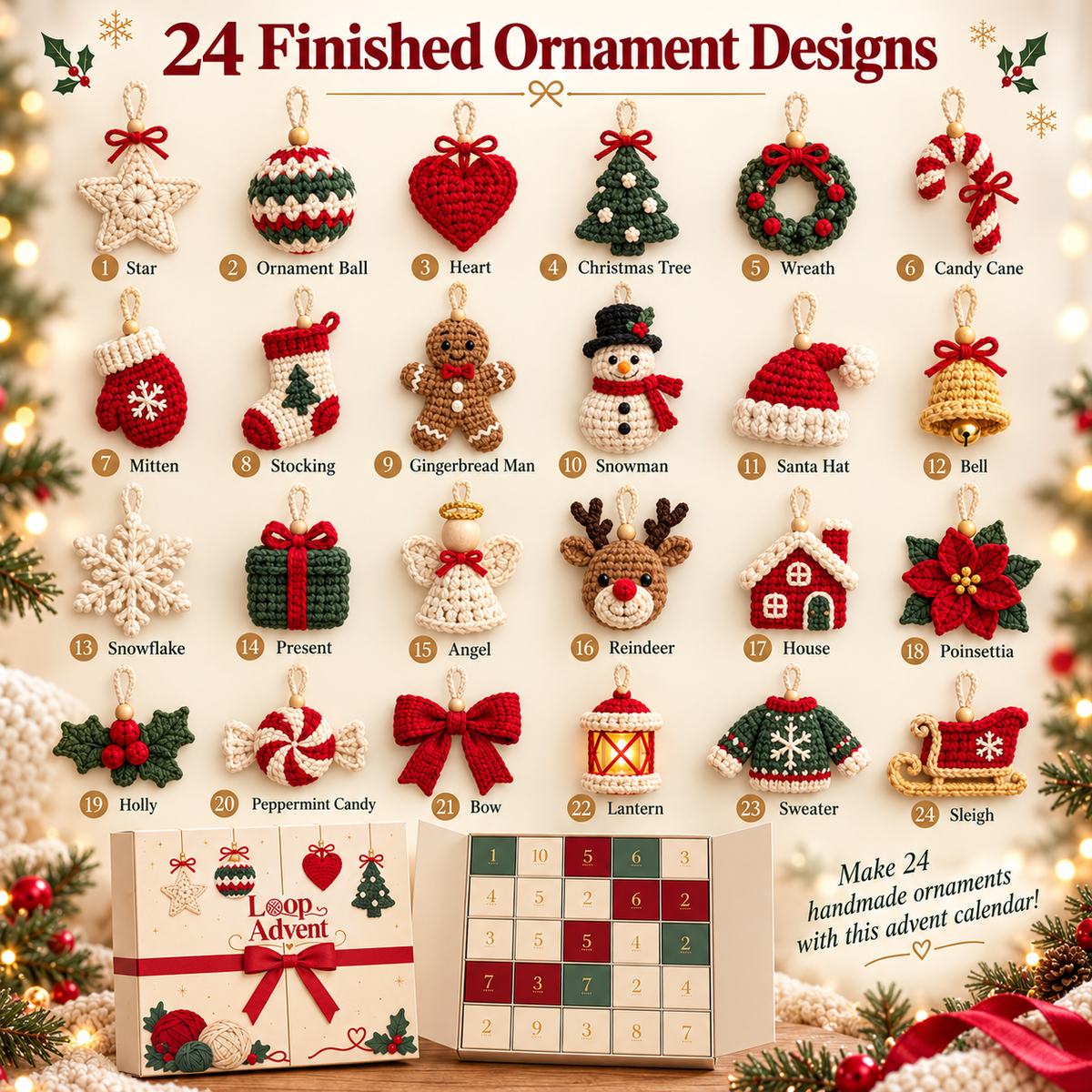 🎁🧶24-Day Crochet Christmas Advent Calendar™ – 24 Surprise DIY Ornament Kits to Make & Hang✨