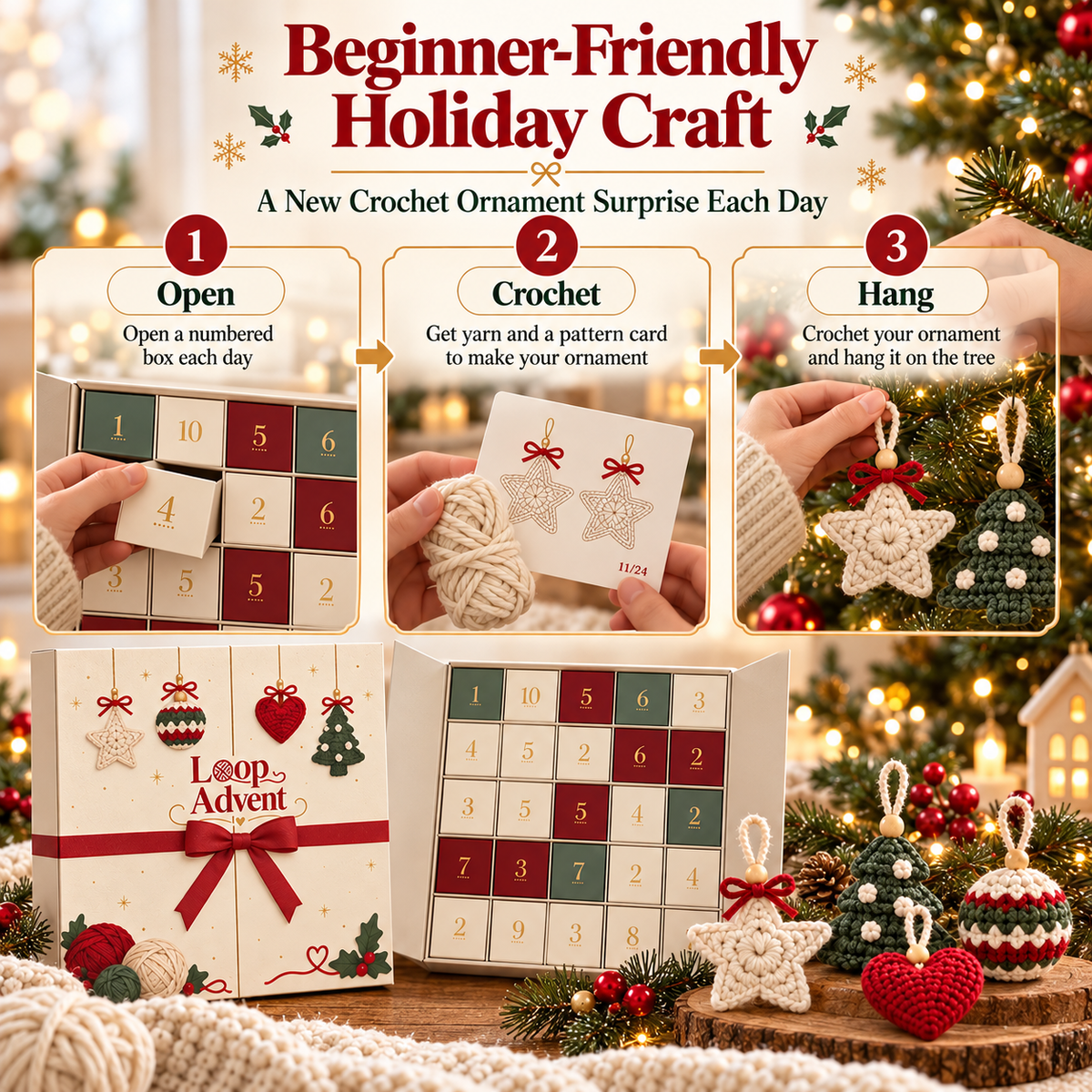 🎁🧶24-Day Crochet Christmas Advent Calendar™ – 24 Surprise DIY Ornament Kits to Make & Hang✨