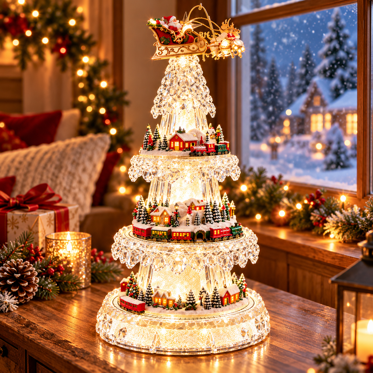 🔥 49% OFF 🎄 Magical Crystal Christmas Village Tree – Lighted Holiday Train & Santa Display ✨