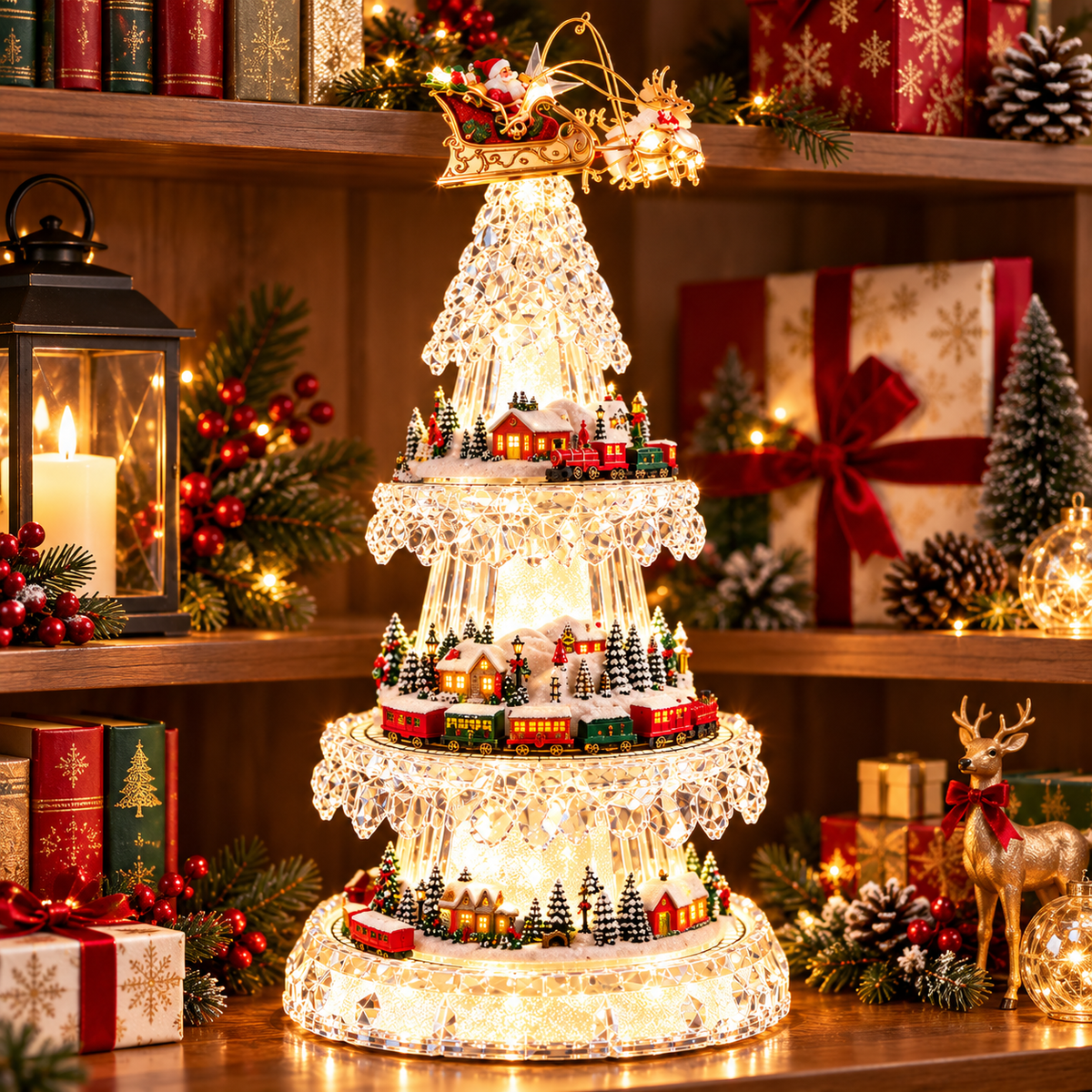 🔥 49% OFF 🎄 Magical Crystal Christmas Village Tree – Lighted Holiday Train & Santa Display ✨