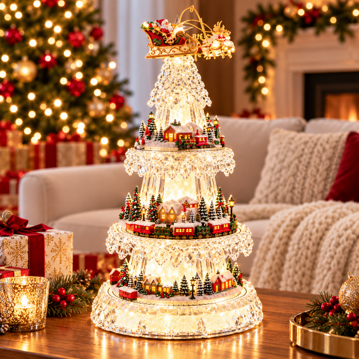 🔥 49% OFF 🎄 Magical Crystal Christmas Village Tree – Lighted Holiday Train & Santa Display ✨