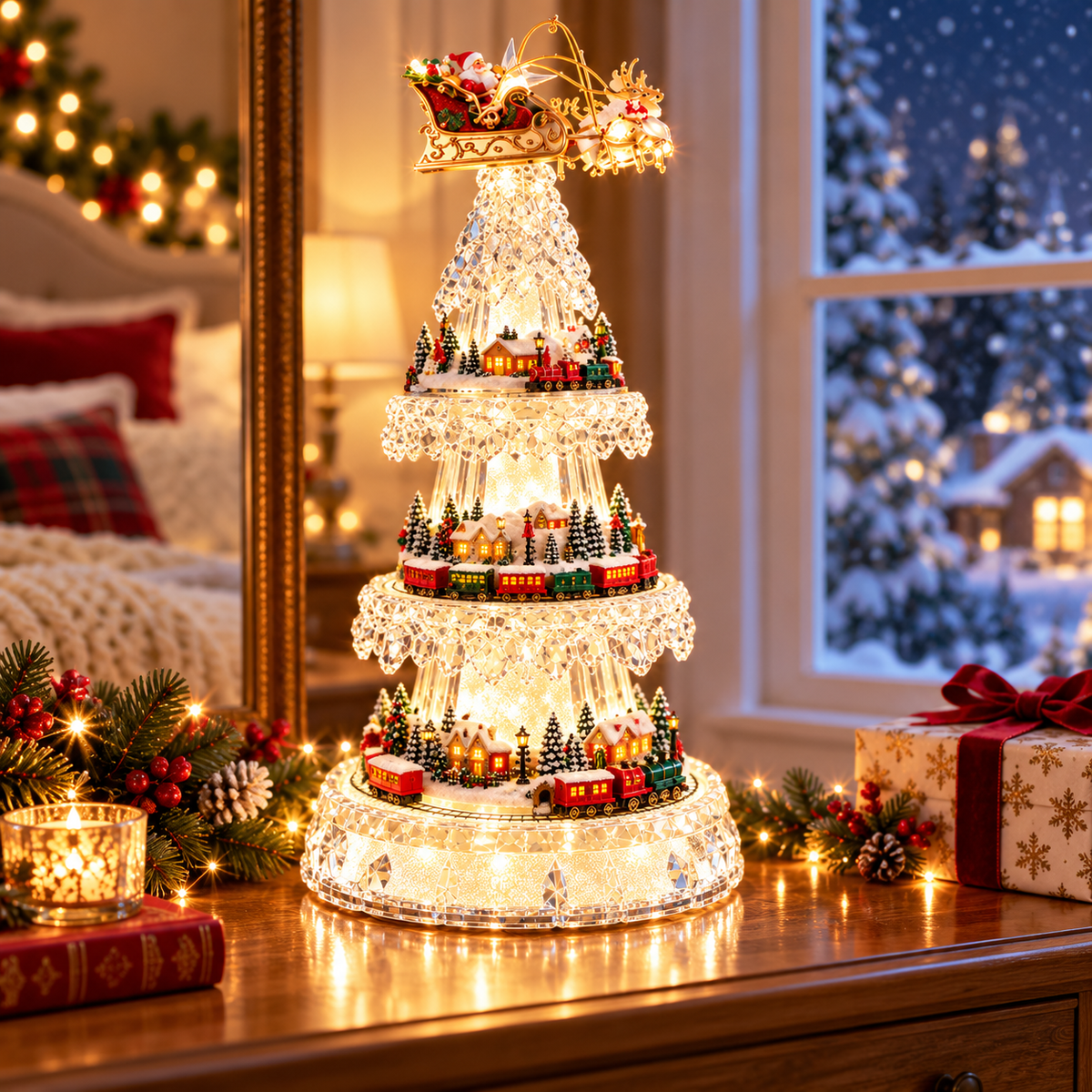 🔥 49% OFF 🎄 Magical Crystal Christmas Village Tree – Lighted Holiday Train & Santa Display ✨