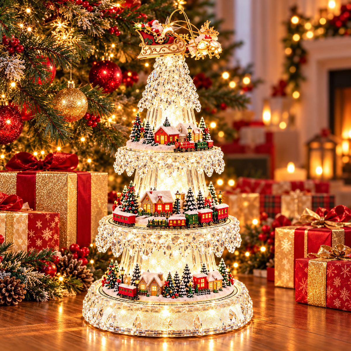 🔥 49% OFF 🎄 Magical Crystal Christmas Village Tree – Lighted Holiday Train & Santa Display ✨