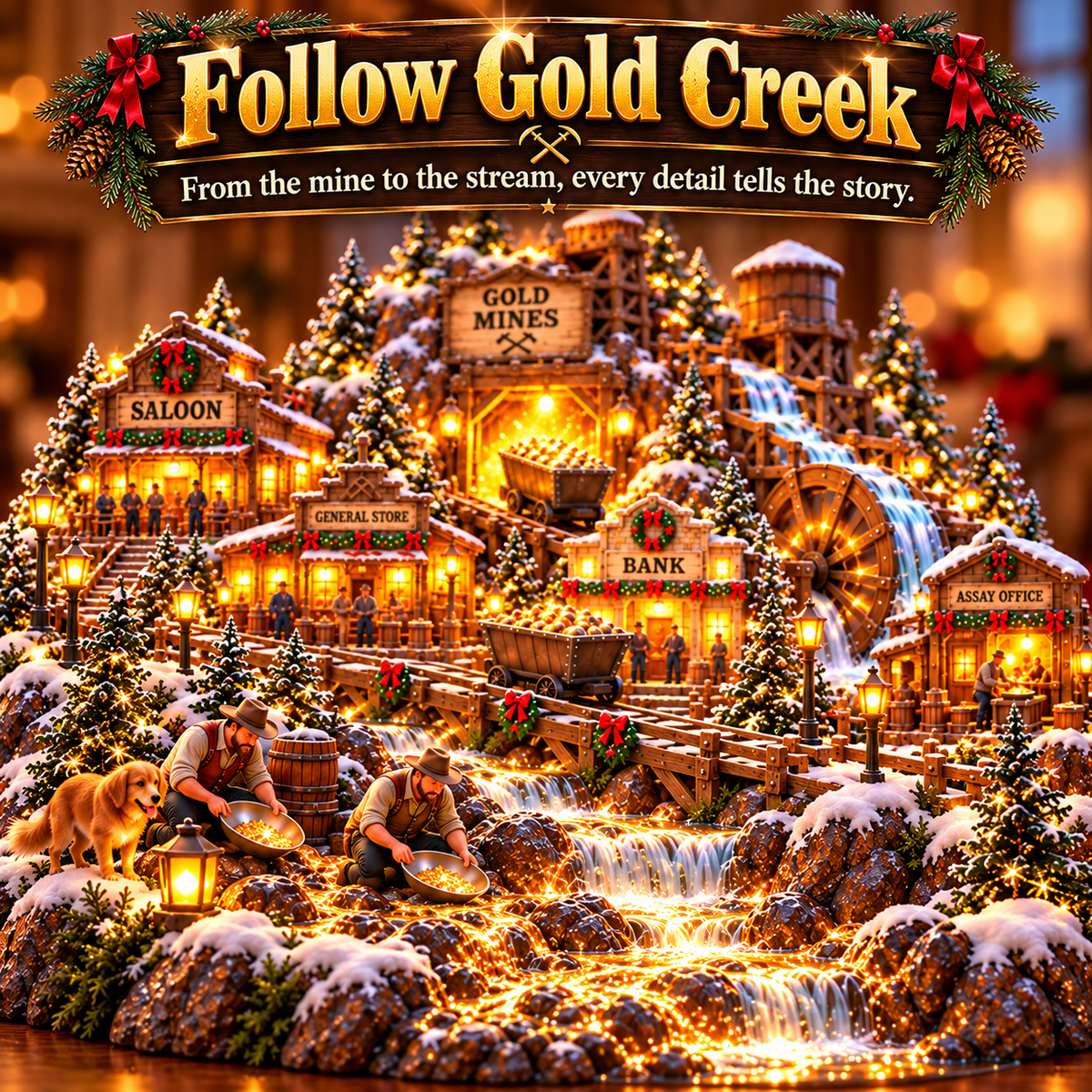 ⛏️✨ Gold Rush Christmas Mining Town™ – Lighted Old West Village with Moving Mine Cart & Gold Creek