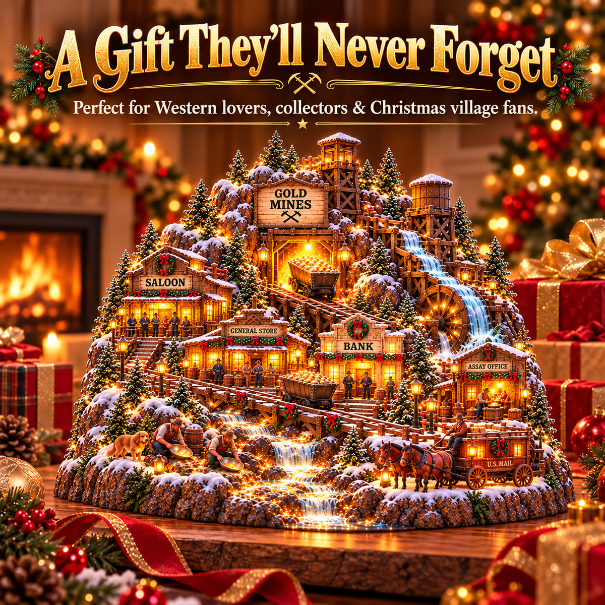 ⛏️✨ Gold Rush Christmas Mining Town™ – Lighted Old West Village with Moving Mine Cart & Gold Creek
