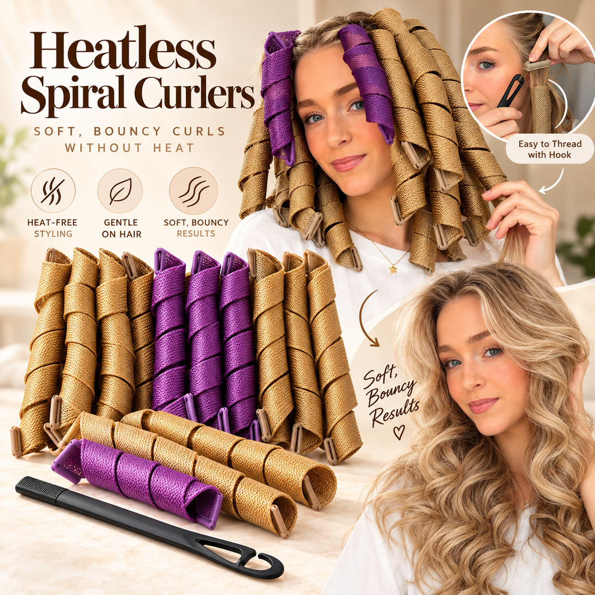 ✨ Heatless Spiral Hair Curlers – Beautiful, Bouncy Curls Without Heat
