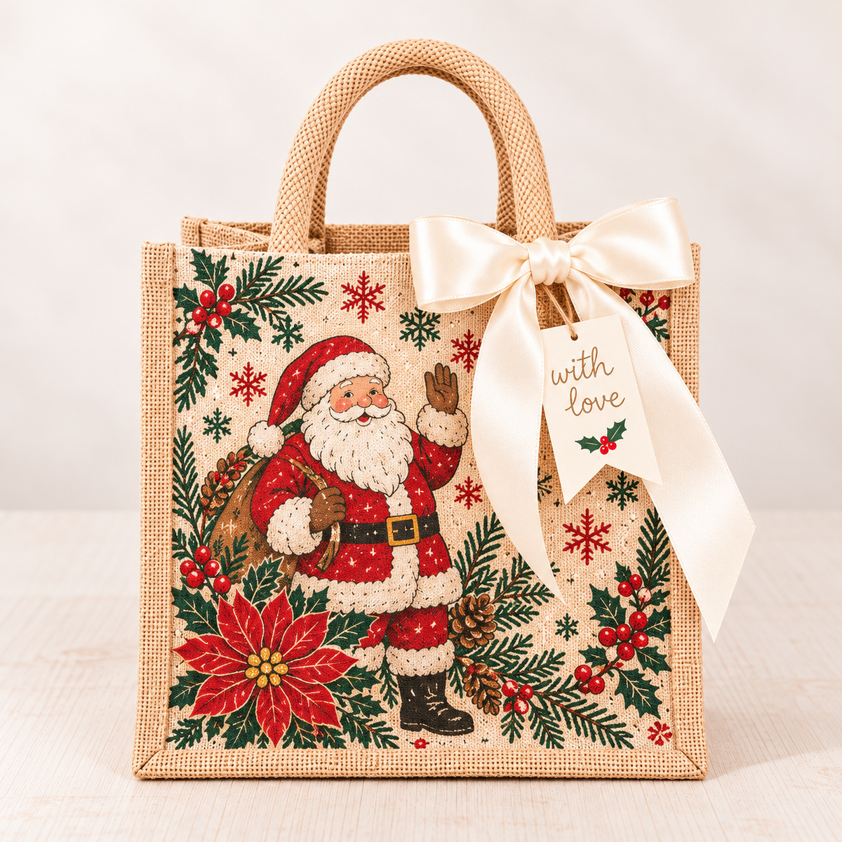 🎀💝Vintage Christmas Burlap Gift Tote Bag