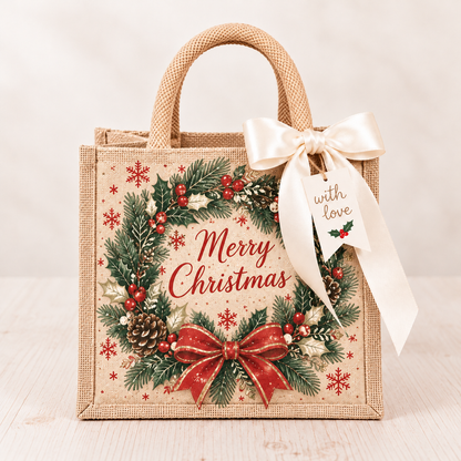 🎀💝Vintage Christmas Burlap Gift Tote Bag