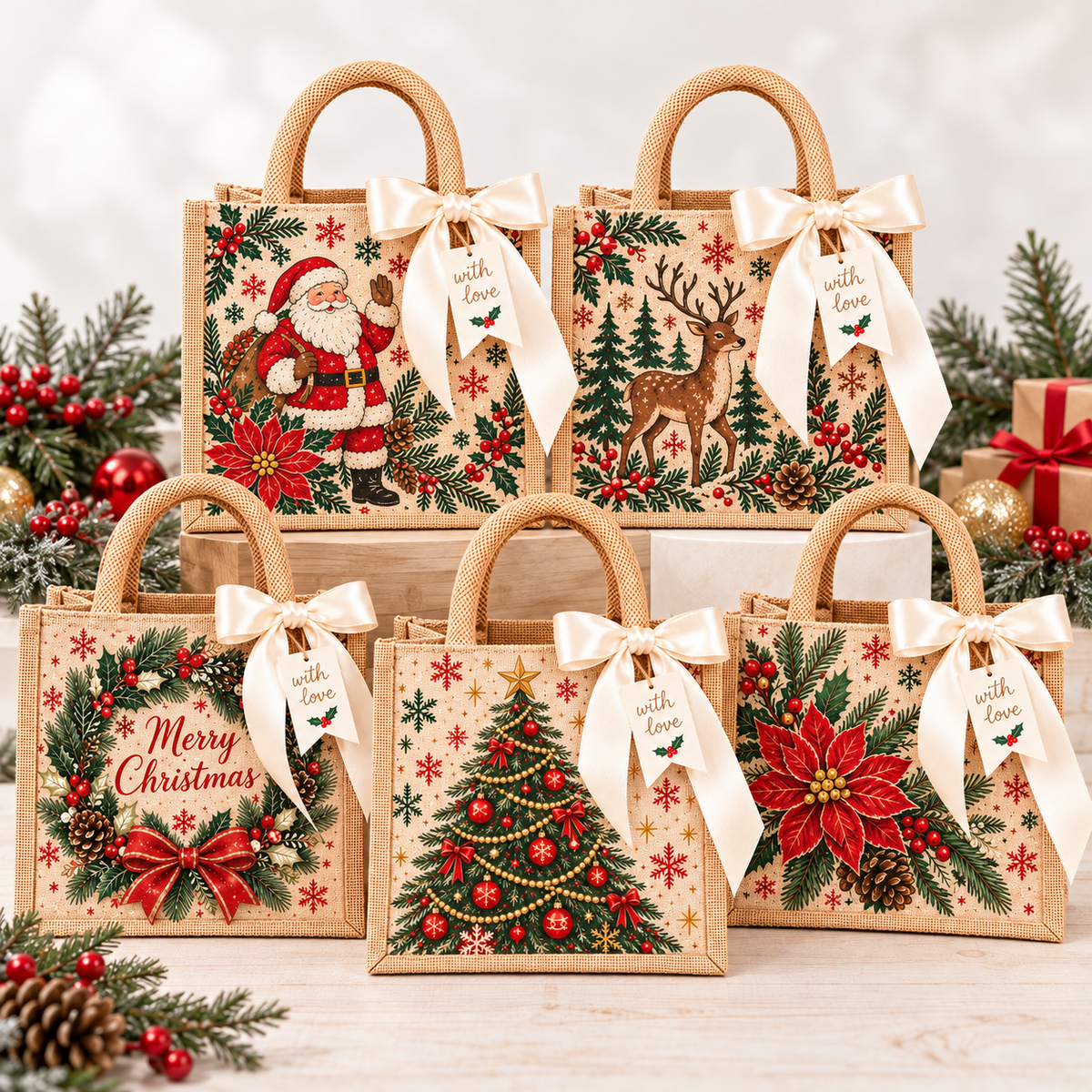 🎀💝Vintage Christmas Burlap Gift Tote Bag