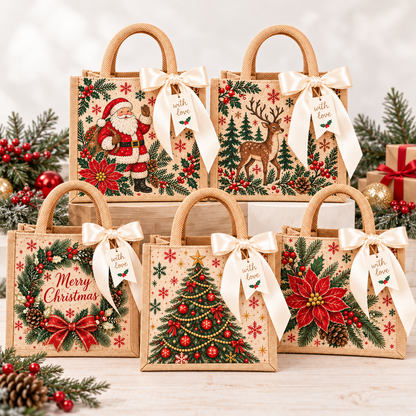 🎀💝Vintage Christmas Burlap Gift Tote Bag