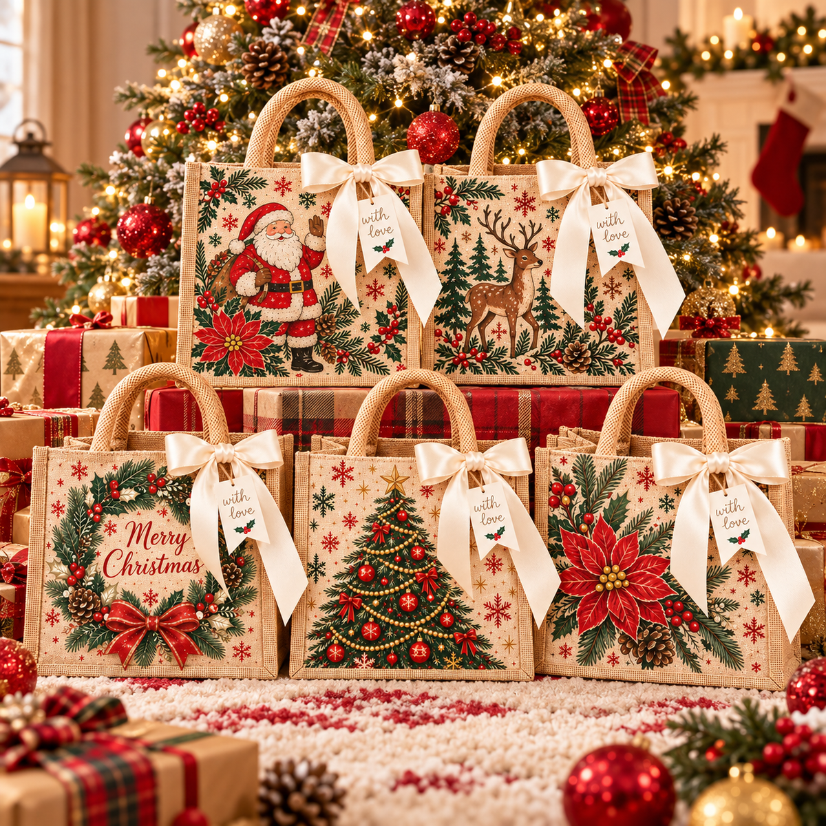🎀💝Vintage Christmas Burlap Gift Tote Bag