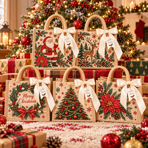 🎀💝Vintage Christmas Burlap Gift Tote Bag
