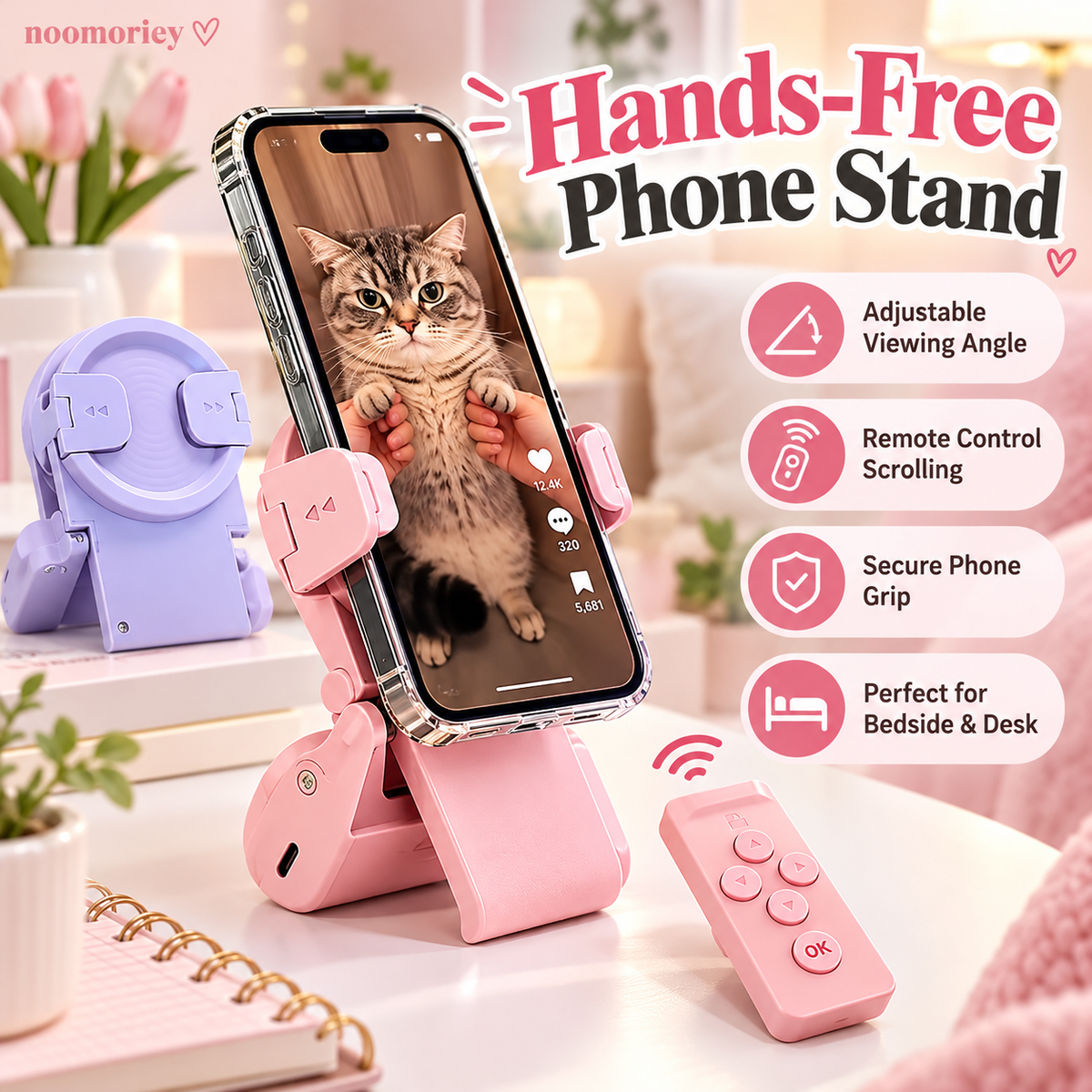 📱✨ HOT SALE 🔥 Hands-Free Phone Stand with Scroll Remote – Adjustable Folding Holder for Bedside, Desk & Everyday Viewing👀