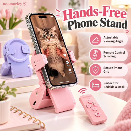 📱✨ HOT SALE 🔥 Hands-Free Phone Stand with Scroll Remote – Adjustable Folding Holder for Bedside, Desk & Everyday Viewing👀
