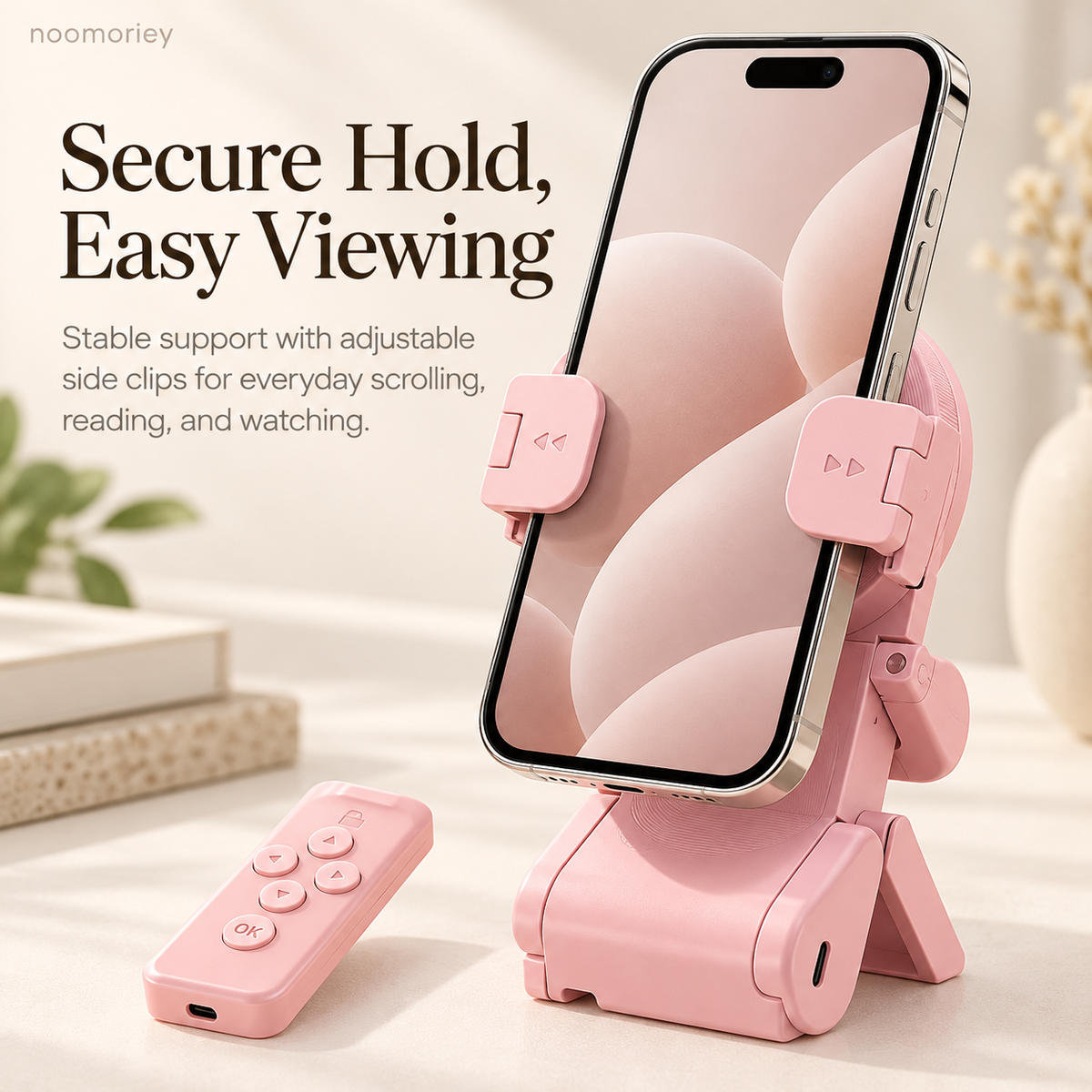 📱✨ HOT SALE 🔥 Hands-Free Phone Stand with Scroll Remote – Adjustable Folding Holder for Bedside, Desk & Everyday Viewing👀