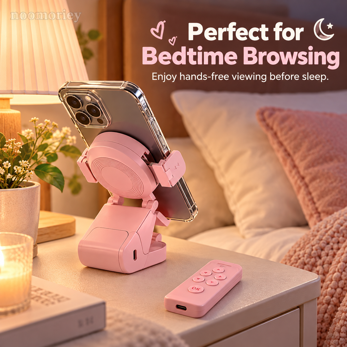 📱✨ HOT SALE 🔥 Hands-Free Phone Stand with Scroll Remote – Adjustable Folding Holder for Bedside, Desk & Everyday Viewing👀