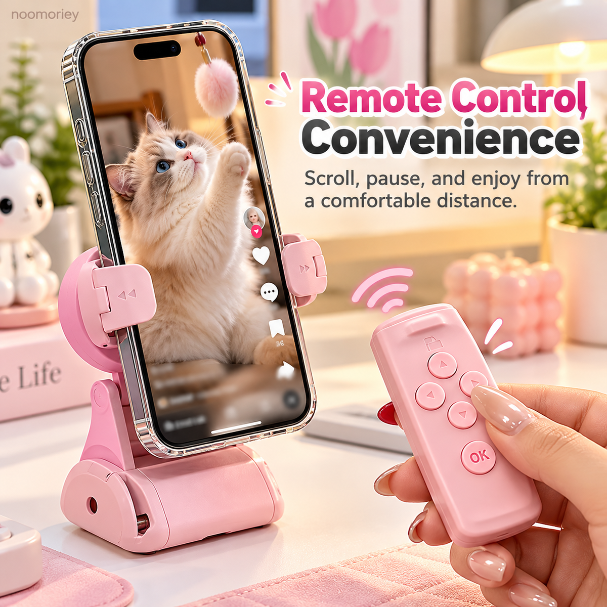 📱✨ HOT SALE 🔥 Hands-Free Phone Stand with Scroll Remote – Adjustable Folding Holder for Bedside, Desk & Everyday Viewing👀