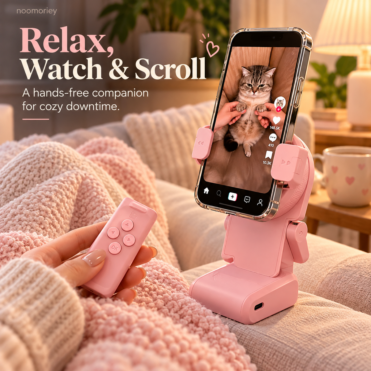 📱✨ HOT SALE 🔥 Hands-Free Phone Stand with Scroll Remote – Adjustable Folding Holder for Bedside, Desk & Everyday Viewing👀