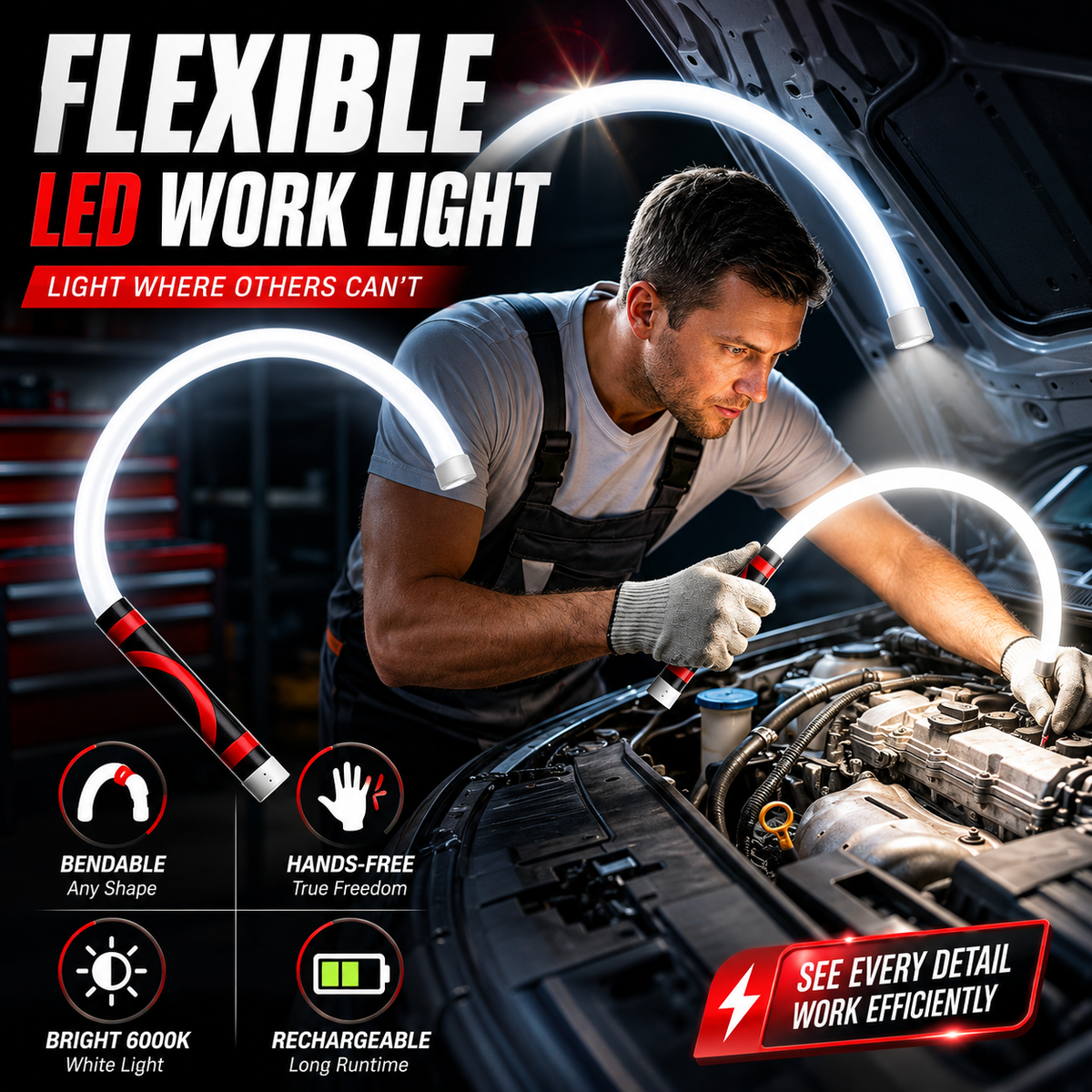 THOUSAND SUNNY Flexible LED Light Stick 30', Rechargeable Bendable Work Light with 3 Modes High Lumen