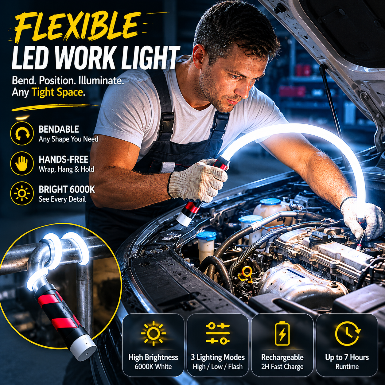 THOUSAND SUNNY Flexible LED Light Stick 30', Rechargeable Bendable Work Light with 3 Modes High Lumen