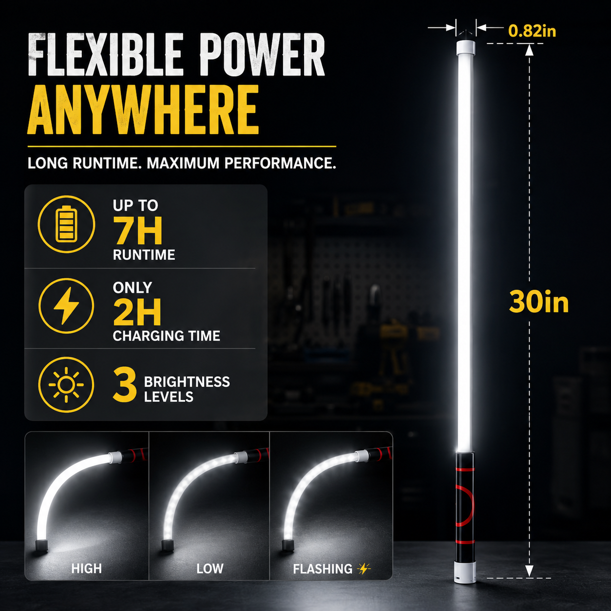 THOUSAND SUNNY Flexible LED Light Stick 30', Rechargeable Bendable Work Light with 3 Modes High Lumen