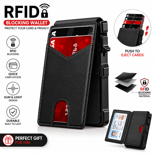🎁Wallet for Men- Pop Up Case, Cash Slot, and Credit Card Slot - Aluminum Wallet with RFID Blocking, Minimalist Leather Wallet Front Pocket with ID Window