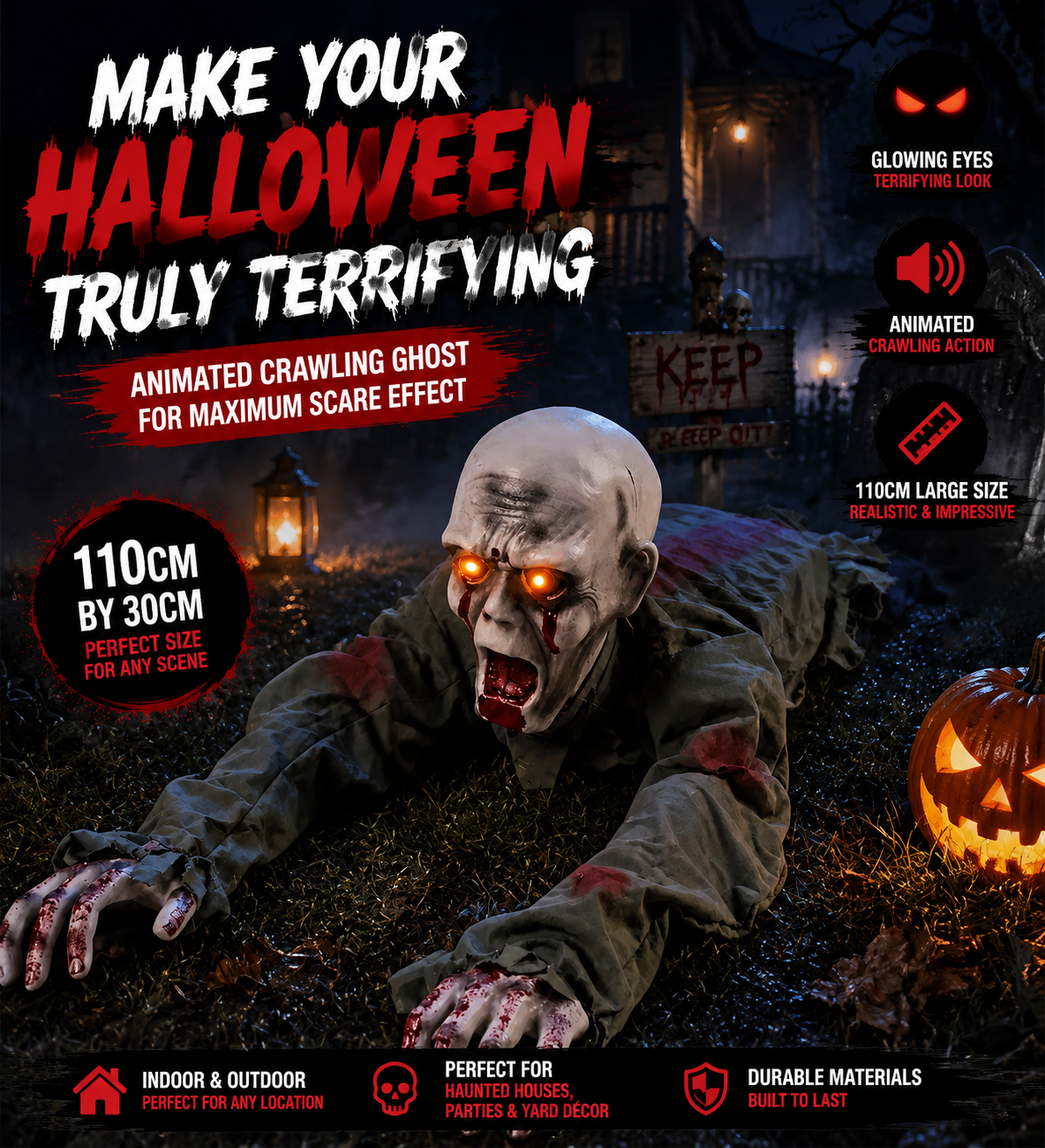🎃 Limited-Time Halloween Sale | Animated Crawling Ghost with Glowing Eyes – 110cm Horror Decoration