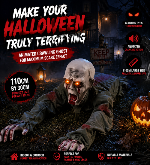 🎃 Limited-Time Halloween Sale | Animated Crawling Ghost with Glowing Eyes – 110cm Horror Decoration