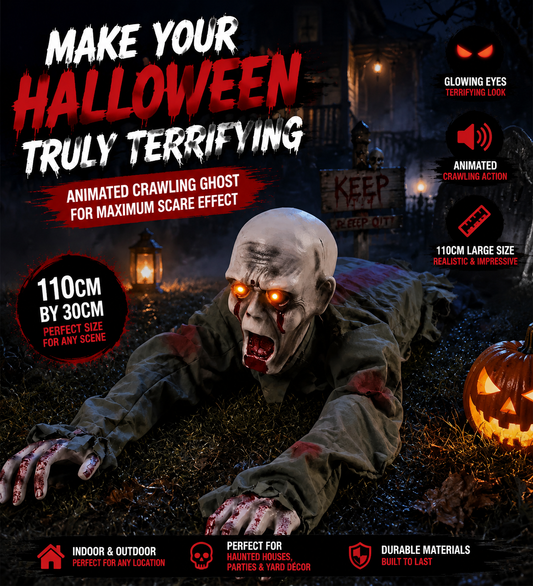 🎃 Limited-Time Halloween Sale | Animated Crawling Ghost with Glowing Eyes – 110cm Horror Decoration