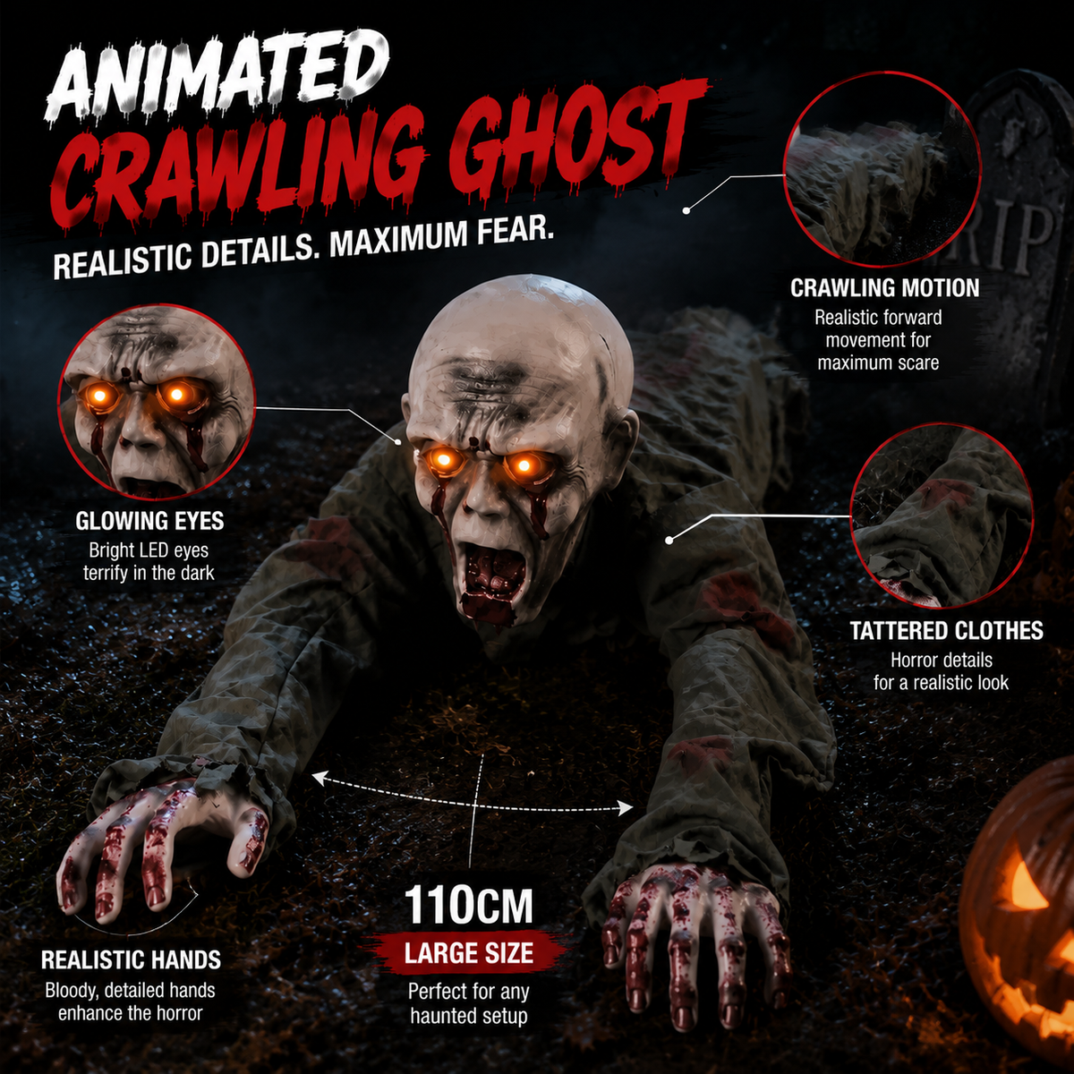 🎃 Limited-Time Halloween Sale | Animated Crawling Ghost with Glowing Eyes – 110cm Horror Decoration