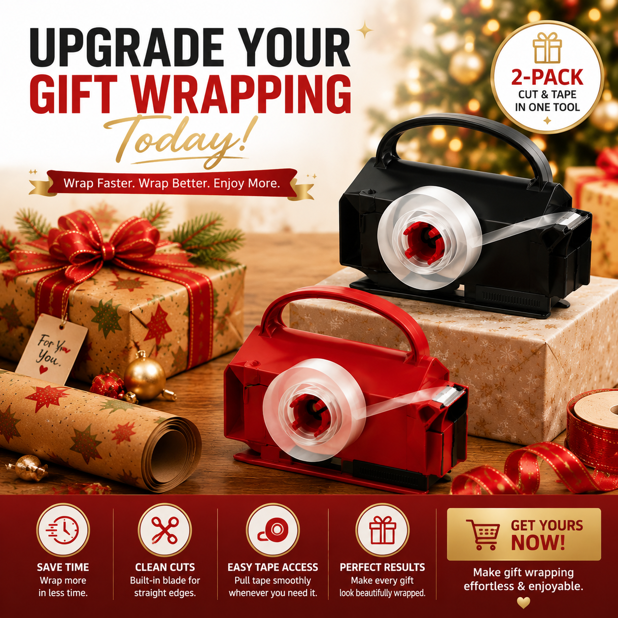 ✂️ 2-in-1 Gift Wrap Cutter | Built-In Tape Dispenser For Easy Wrapping🎁