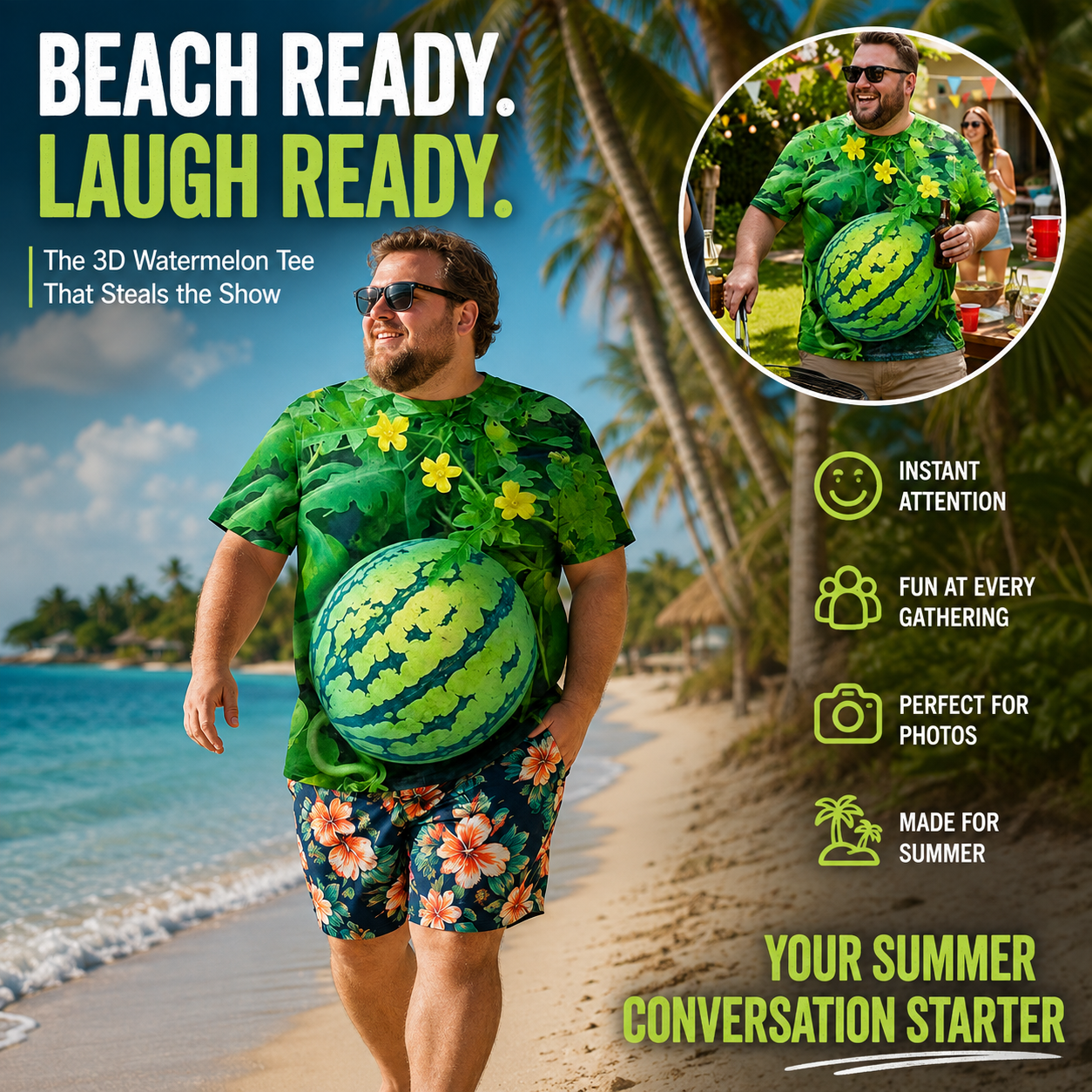Funny 3D Watermelon Belly T-Shirt – Summer Novelty Graphic Tee