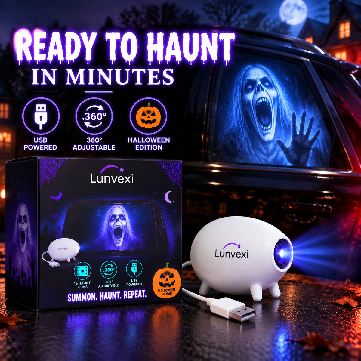 🕷️Halloween Window Projector – 16 Spooky Films, USB Powered