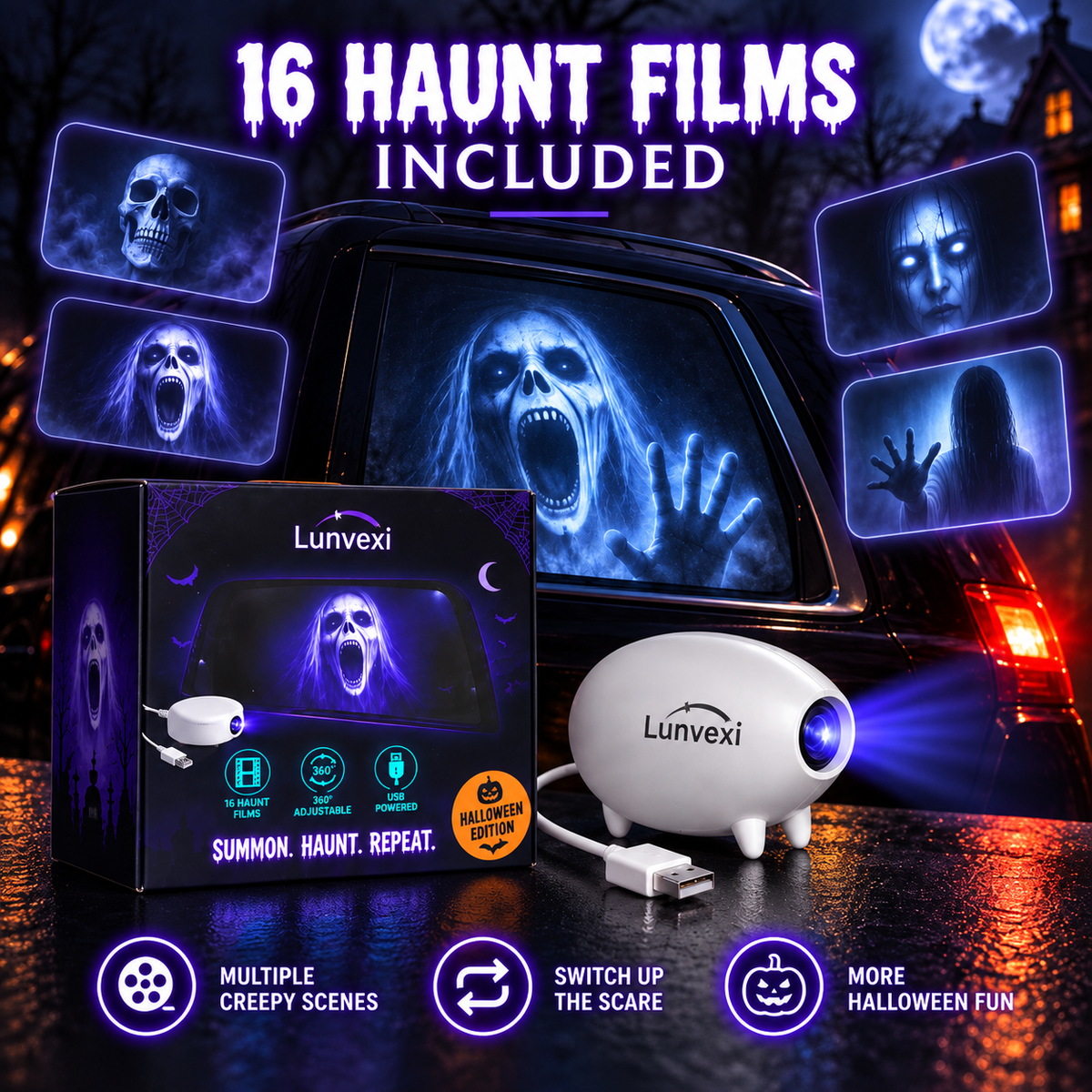 🕷️Halloween Window Projector – 16 Spooky Films, USB Powered