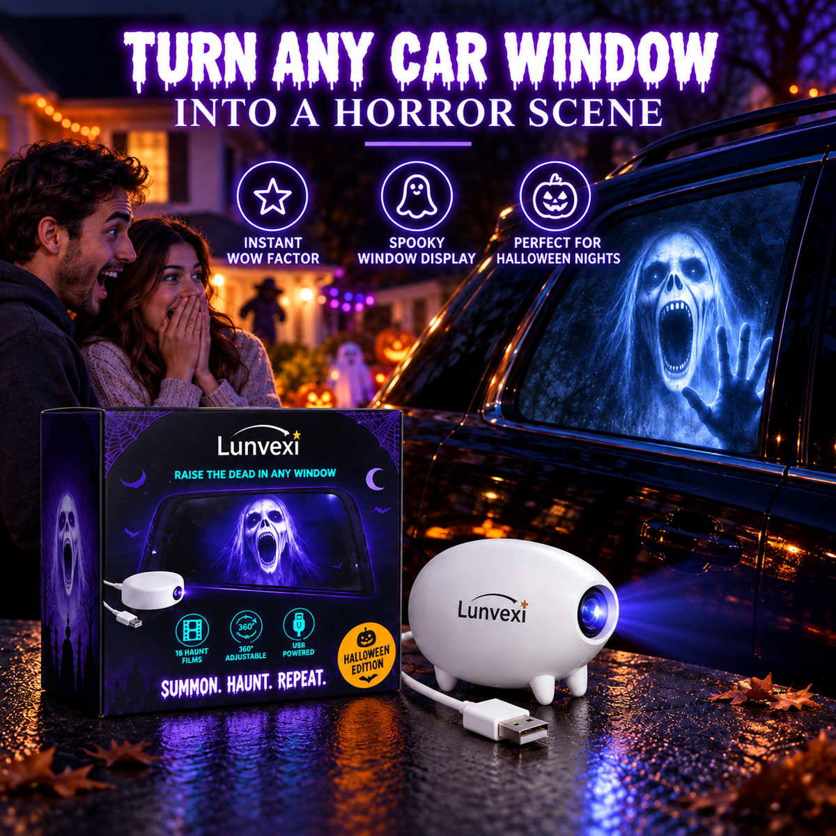 🕷️Halloween Window Projector – 16 Spooky Films, USB Powered