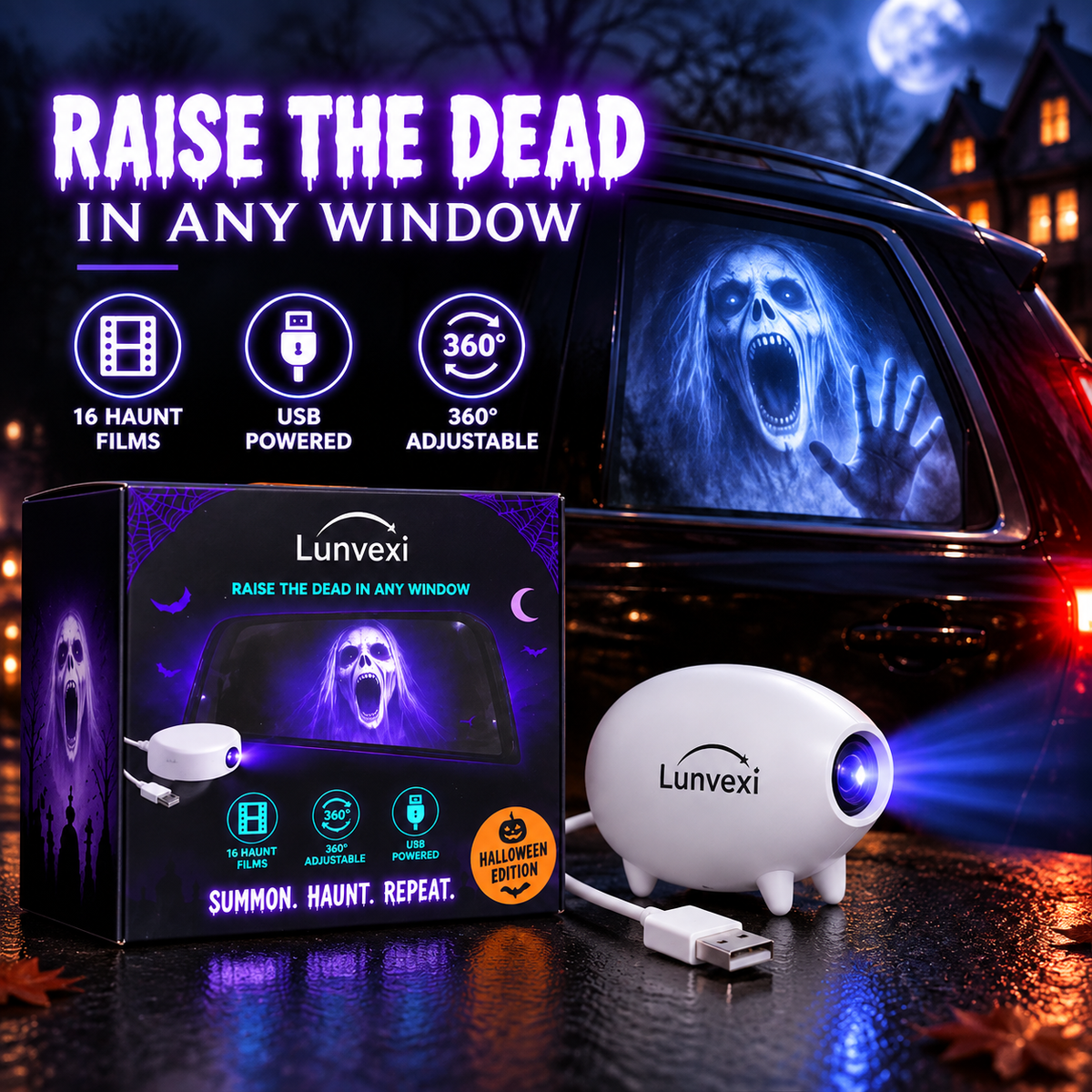 🕷️Halloween Window Projector – 16 Spooky Films, USB Powered